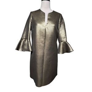BCBGMAXAZRIA Judy Gold Metallic Shift Dress Fluted Sleeves XS